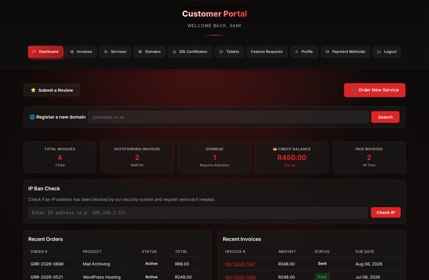 The Go Red Robot customer portal dashboard.